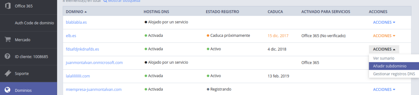 Añadir un subdominio
