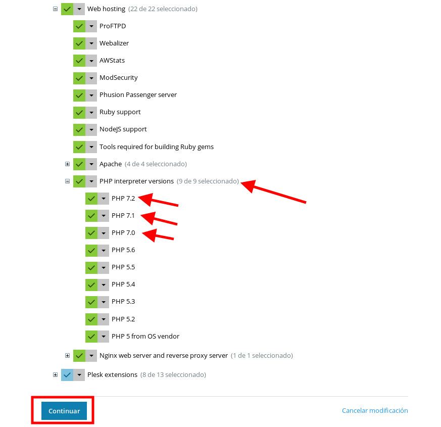 versiones de PHP que queramos instalar