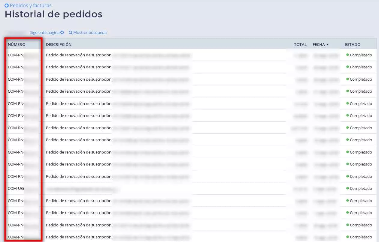 historial de pedidos